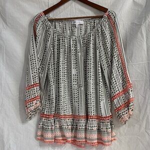 Boho Off-Shoulder Peasant Top with Coral Trim - Women